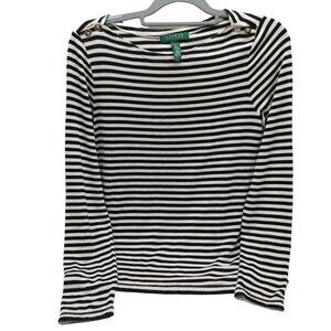 Lauren Ralph Lauren Size Petite Large PL Black White Striped Knit Sweater Top